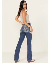 Miss Me Women's Medium Wash Mid Rise Fleur de Lis Pocket 32" Bootcut Stretch Denim Jeans