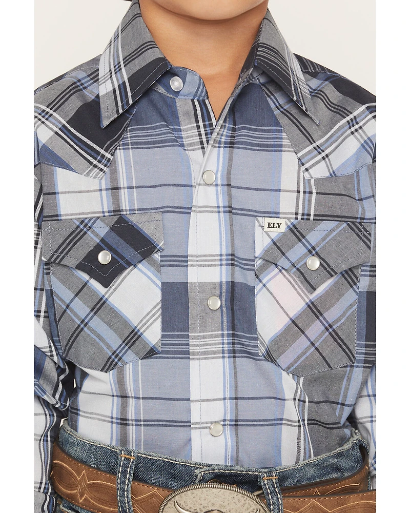 Ely Walker Boys' Plaid Print Long Sleeve Pearl Snap Western Shirt