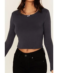 Originality Women's Solid Rib Knit Long Sleeve Cropped Shirt