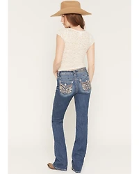 Miss Me Women's Medium Wash Mid Rise Wing Pocket 34" Bootcut Stretch Denim Jeans