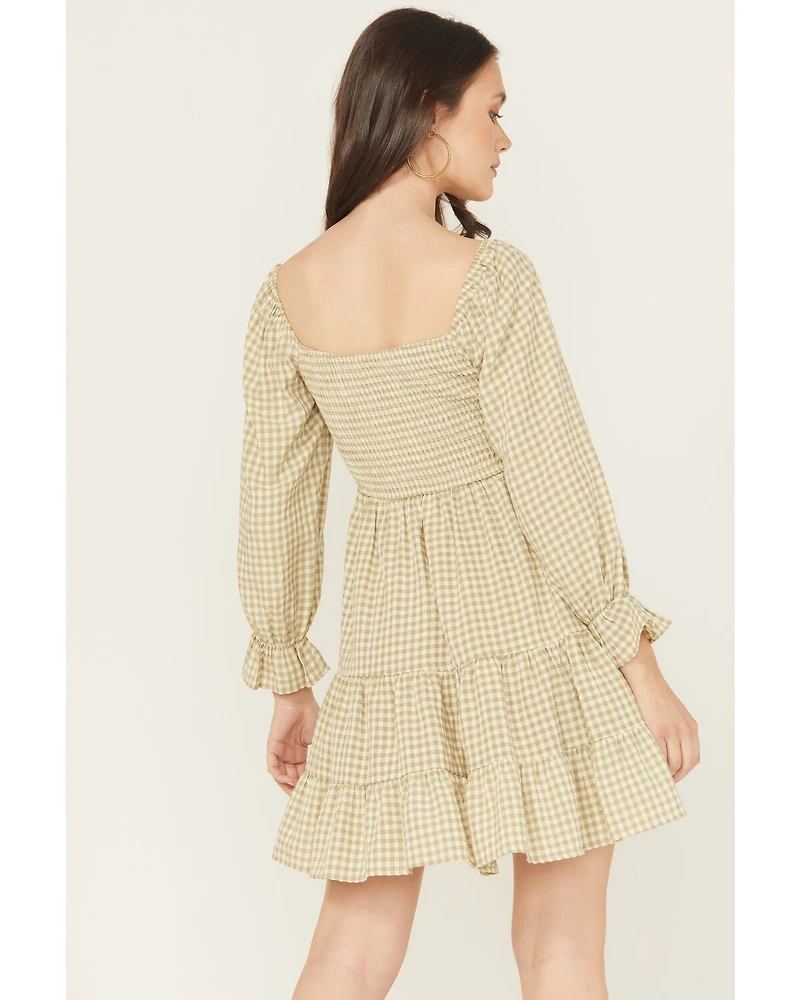 Blue B Women's Gingham Long Sleeve Mini Dress