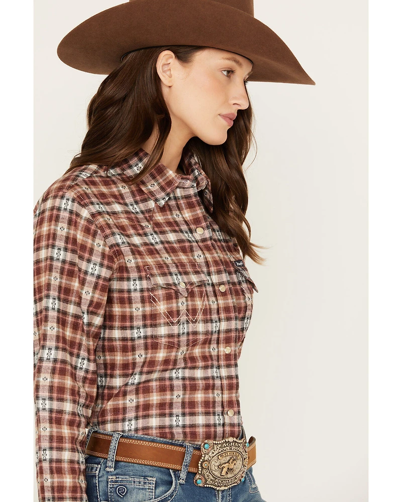 Wrangler Women's Plaid Print Flannel Boyfriend Long Sleeve Snap Western Shirt