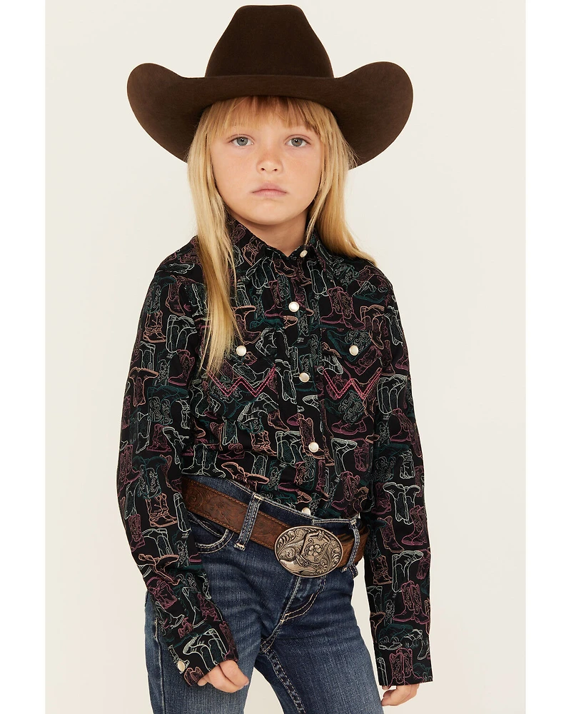 Wrangler Girls' Boot Print Long Sleeve Snap Western Shirt