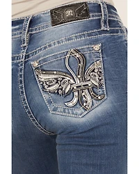 Miss Me Women's Medium Wash Mid Rise Fleur de Lis Pocket 32" Bootcut Stretch Denim Jeans