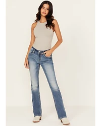 Miss Me Women's Dark Wash Mid Rise Dream Catcher Pocket 32" Bootcut Stretch Denim Jeans