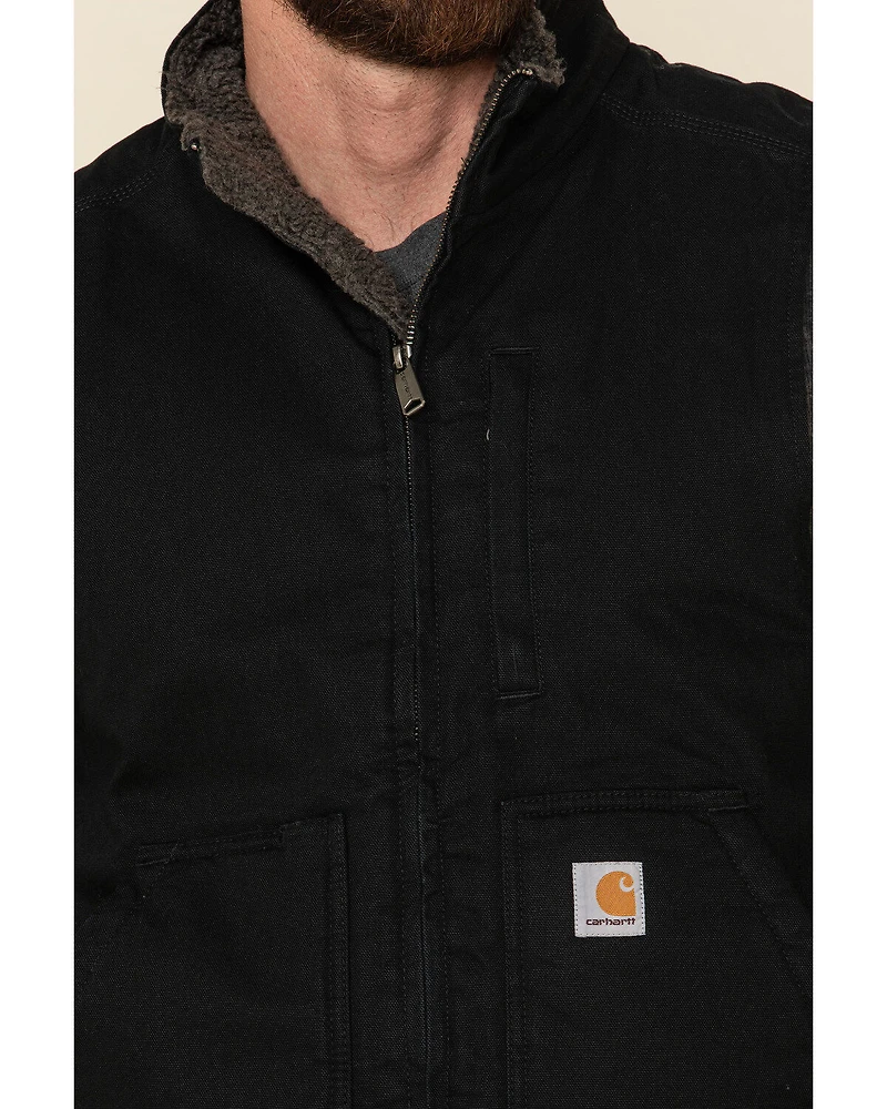 Carhartt Men's Black Washed Duck Sherpa Lined Mock Neck Work Vest - Big