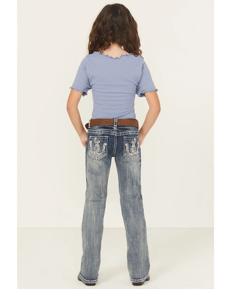 Grace LA Little Girls' Light Wash Double Horseshoe Pocket Bootcut Stretch Denim Jeans