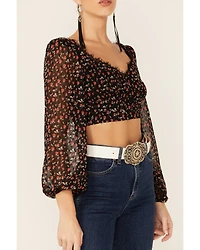 Lush Women's Lace Trim Rose Long Sleeve Crop Blouse