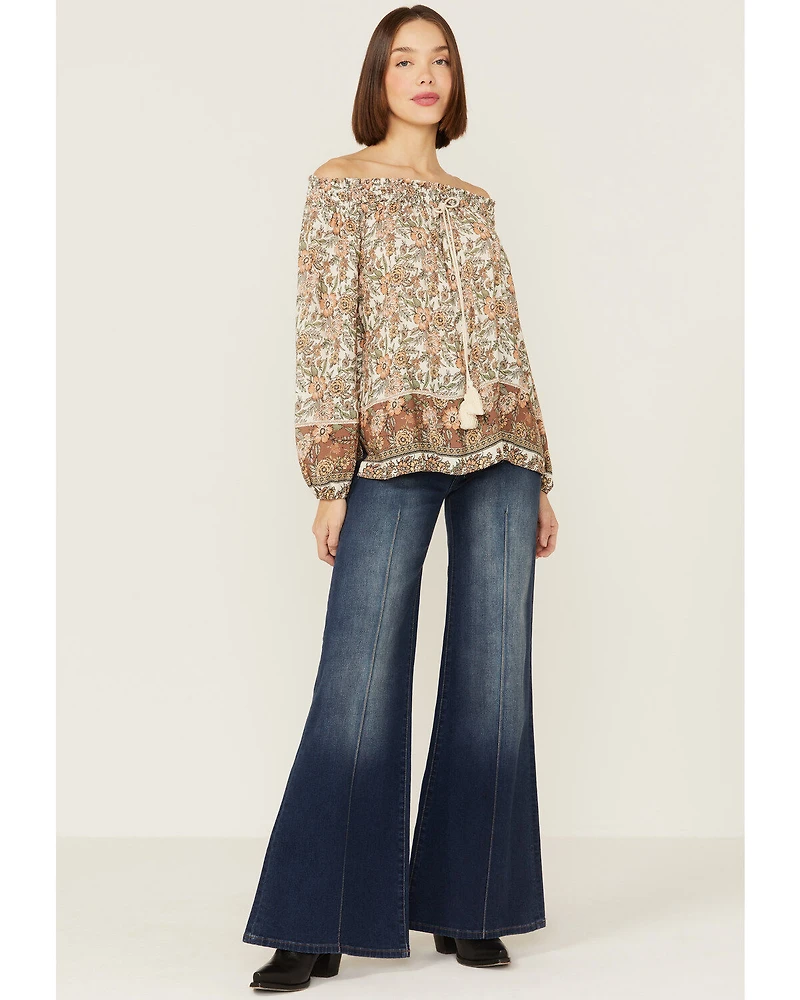 Wild Moss Women's Cream Floral Border Print Off Shoulder Woven Top