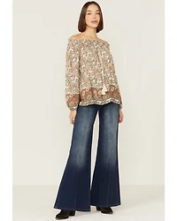 Wild Moss Women's Cream Floral Border Print Off Shoulder Woven Top
