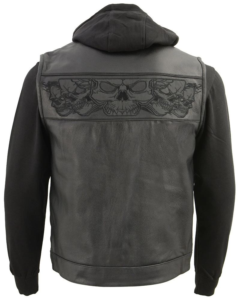 Milwaukee Leather Men's Concealed Carry Vest with Reflective Skulls and Removeable Hoodie