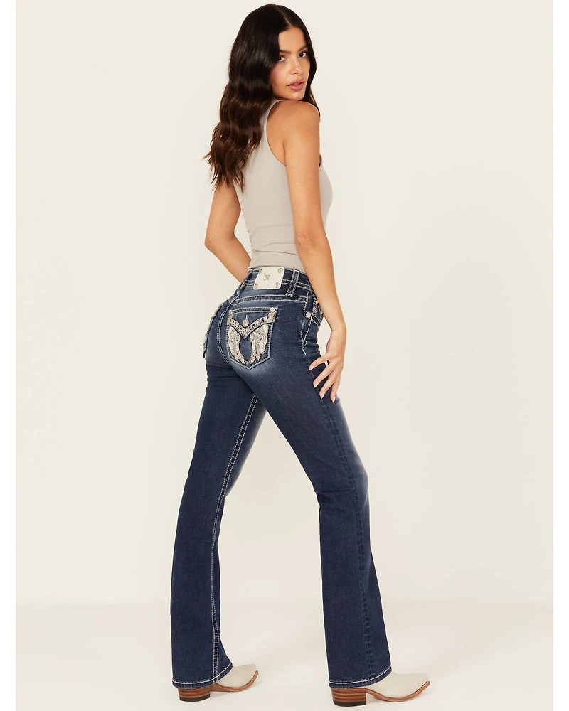 Miss Me Women's Dark Wash Mid Rise Winged Pocket 32" Bootcut Stretch Denim Jeans