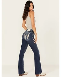 Miss Me Women's Dark Wash Mid Rise Winged Pocket 32" Bootcut Stretch Denim Jeans