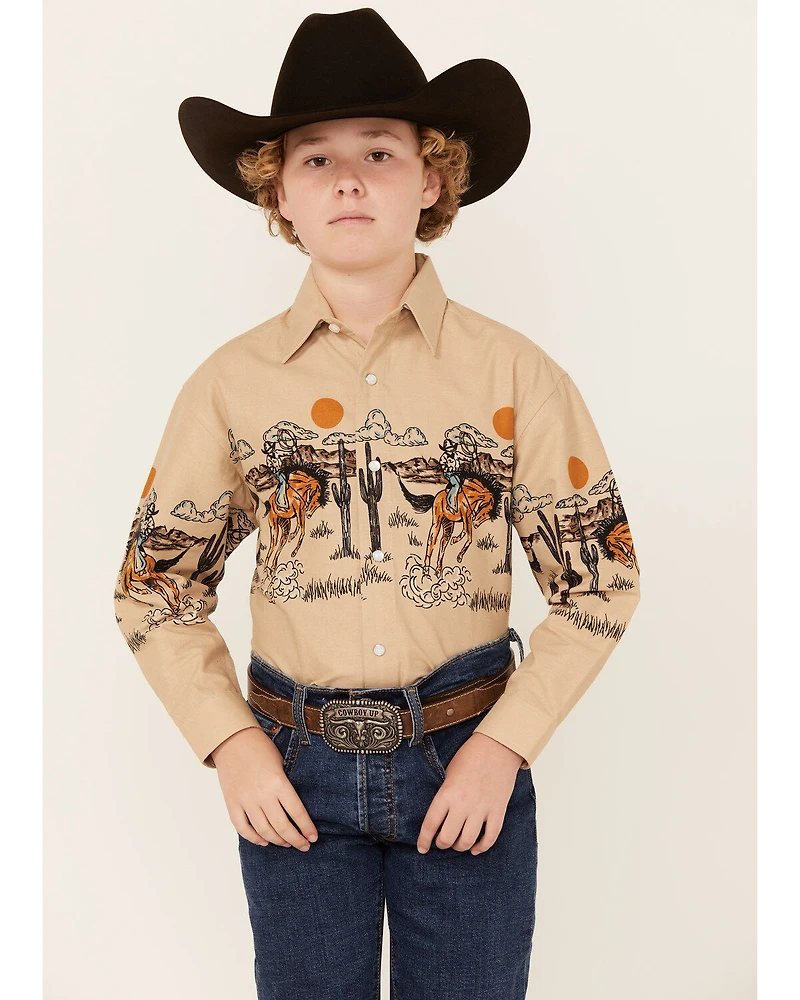 Panhandle Boys' Cowboy Border Print Long Sleeve Pearl Snap Western Shirt