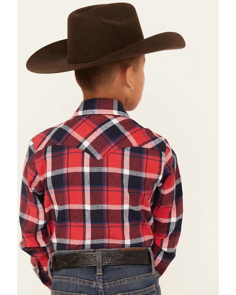 Ely Walker Boys' Plaid Print Brushed Flannel Long Sleeve Pearl Snap Western Shirt