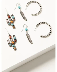 Shyanne Women's Cactus Feather Hoop Earring Set - 3 Piece
