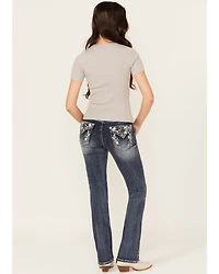 Grace LA Women's Medium Wash Floral Paisley Embroidered Mid Rise Bootcut Stretch Denim Jeans