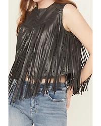 Blue B Women's Faux Leather Bandana Laser Cut Fringe Vest