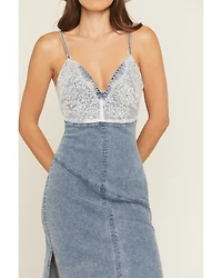 Blue B Women's Light Wash Lace Sleeveless Denim Midi Dress