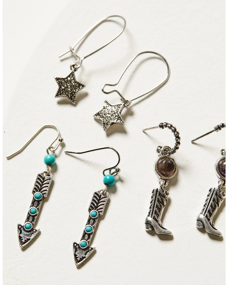 Shyanne Women's 3-Piece Silver Arrow Boot & Star Earrings Set