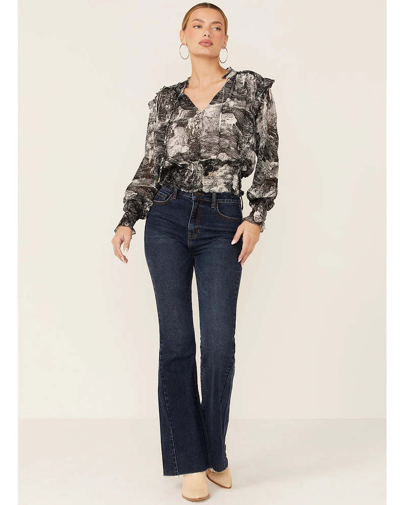 Revel Women's Toile Print Smocked Long Sleeve Top