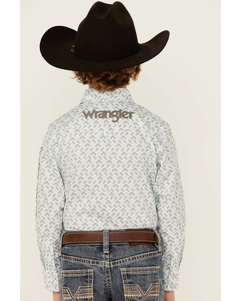 Wrangler Boys' Geo Print Logo Long Sleeve Pearl Snap Western Shirt