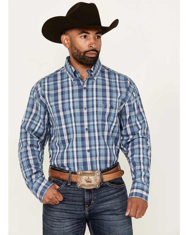 George Strait by Wrangler Men's Plaid Print Long Sleeve Stretch Western Shirt