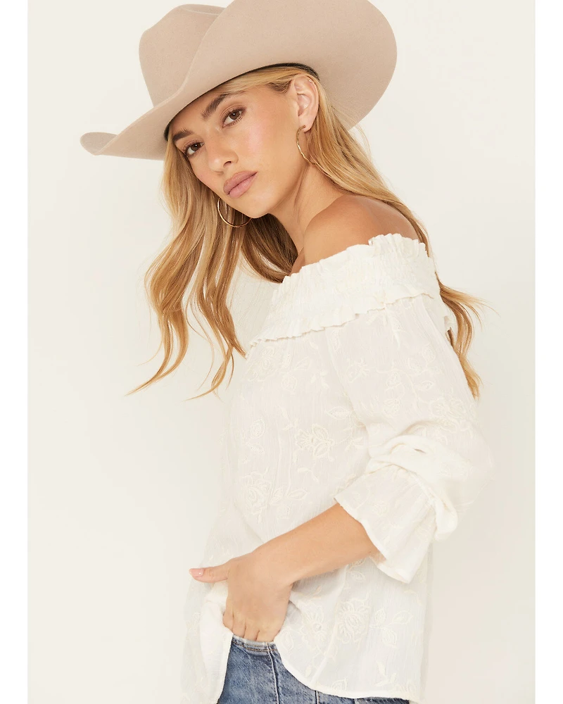 Wild Moss Women's Embroidered Floral Off The Shoulder Long Sleeve Top