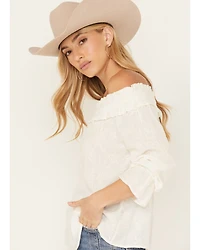 Wild Moss Women's Embroidered Floral Off The Shoulder Long Sleeve Top