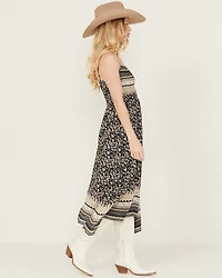 Wild Moss Women's Border Print Smocked Front Midi Dress
