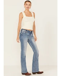 Miss Me Women's Light Wash Mid Rise Butterfly Pocket 32" Bootcut Stretch Denim Jeans