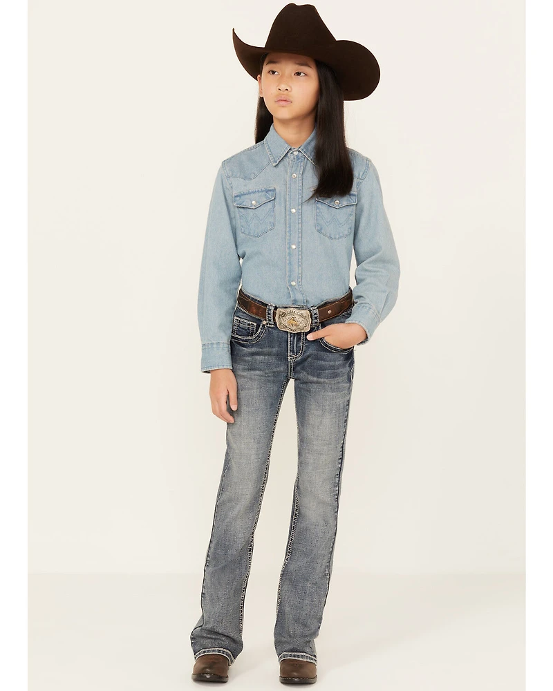 Shyanne Girls' Medium Wash Faded Paisley Pocket Stretch Bootcut Jeans