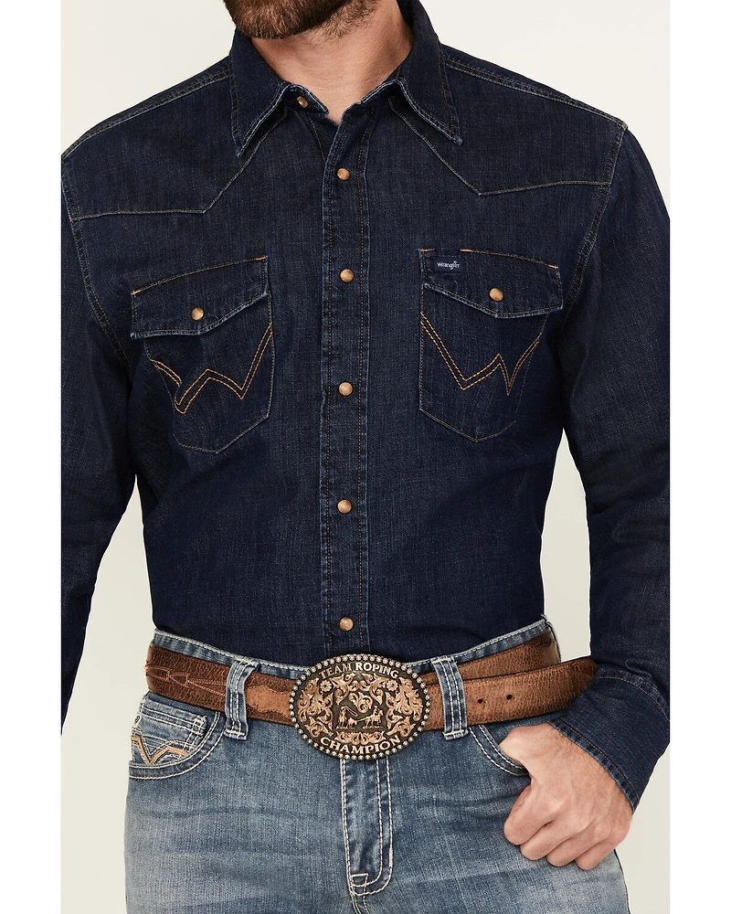 Wrangler Men's Medium Wash Denim Long Sleeve Snap Western Shirt