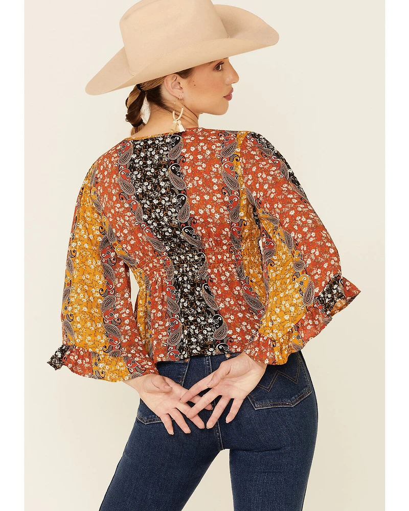 Shyanne Women's Boho Floral Stripe Bell Sleeve Top