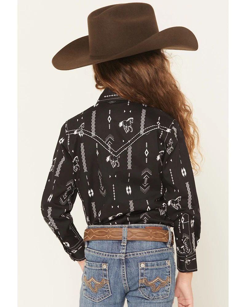 Cowgirl Hardware Girls' Horse Southwest Long Sleeve Snap Stretch Western Shirt