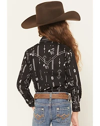 Cowgirl Hardware Girls' Horse Southwest Long Sleeve Snap Stretch Western Shirt