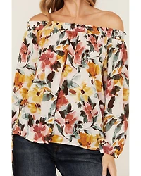 Wild Moss Women's Floral Print Long Sleeve Off The Shoulder Shirt