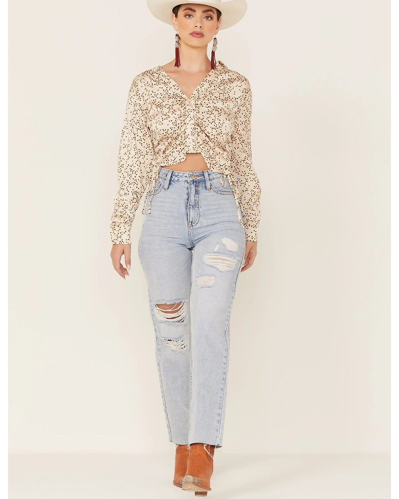 Lush Women's Taupe Star Print Cinch Front Long Sleeve Crop Top