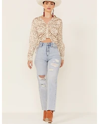 Lush Women's Taupe Star Print Cinch Front Long Sleeve Crop Top