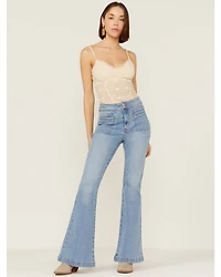 Ceros Women's Light Wash High Rise Coin Pocket Denim Flare Jeans