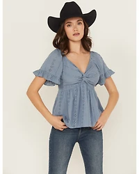 Angie Women's Eyelet Short Puff Sleeve Shirt