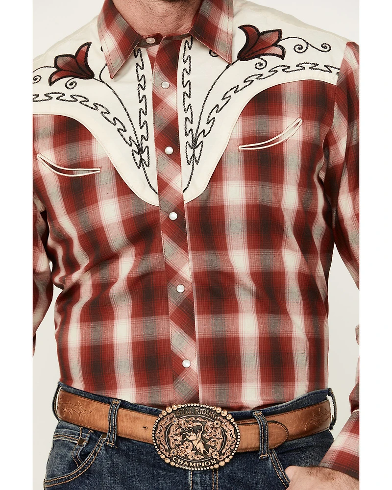 Roper Men's Medium Plaid Print Floral Embroidered Long Sleeve Pearl Snap Western Shirt