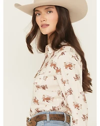 Cruel Girl Women's Horse Rider Conversational Print Long Sleeve Snap Western Shirt