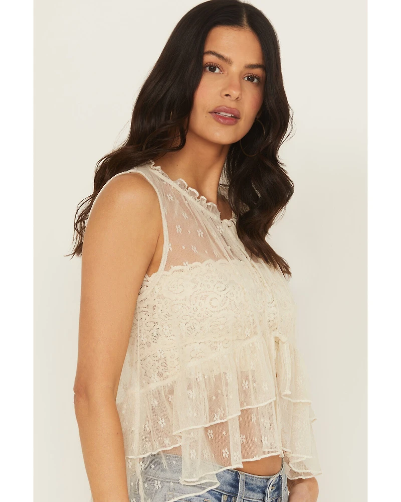 Originality Women's Lace Tie-Front Sleeveless Ruffle Top