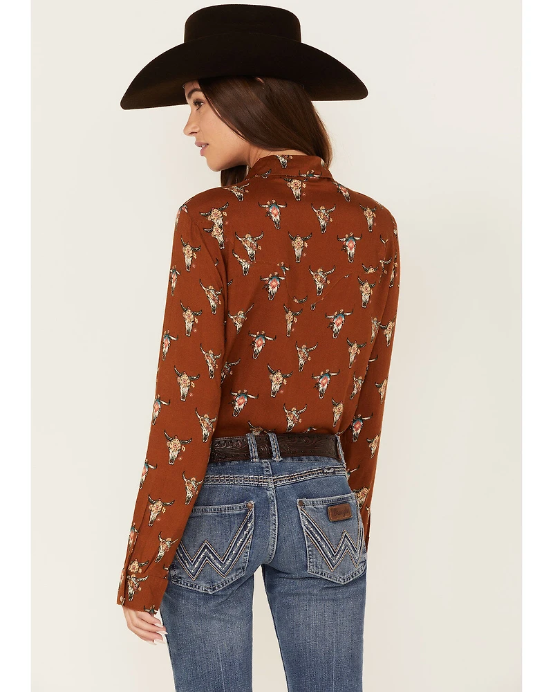 Roper Women's Steer Head Skull Print Long Sleeve Pearl Snap Western Shirt
