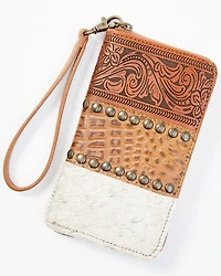 Shyanne Women's Brown Patchwork Hair-On & Tooled Wristlet Wallet