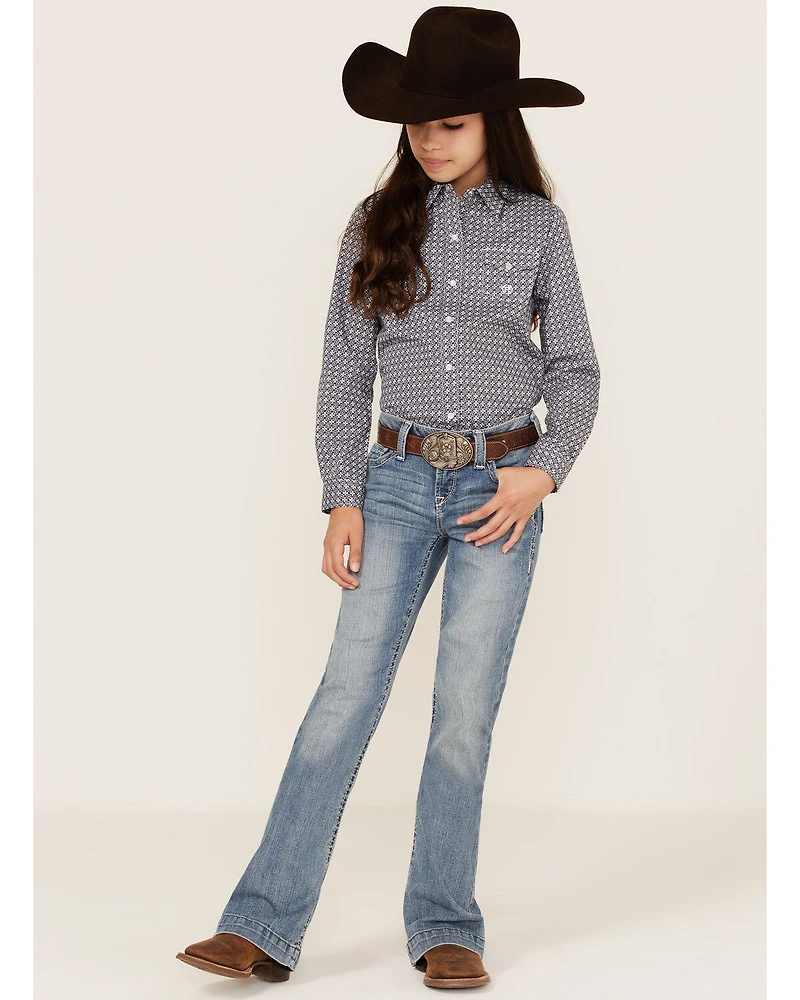 Roper Girls' Amarillo Floral Print Long Sleeve Western Pearl Snap Shirt