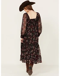 Angie Women's Floral Cut Out Long Sleeve Midi Dress