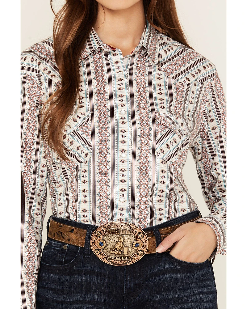 Rough Stock by Panhandle Women's Southwestern Striped Long Sleeve Pearl Snap Stretch Western Shirt