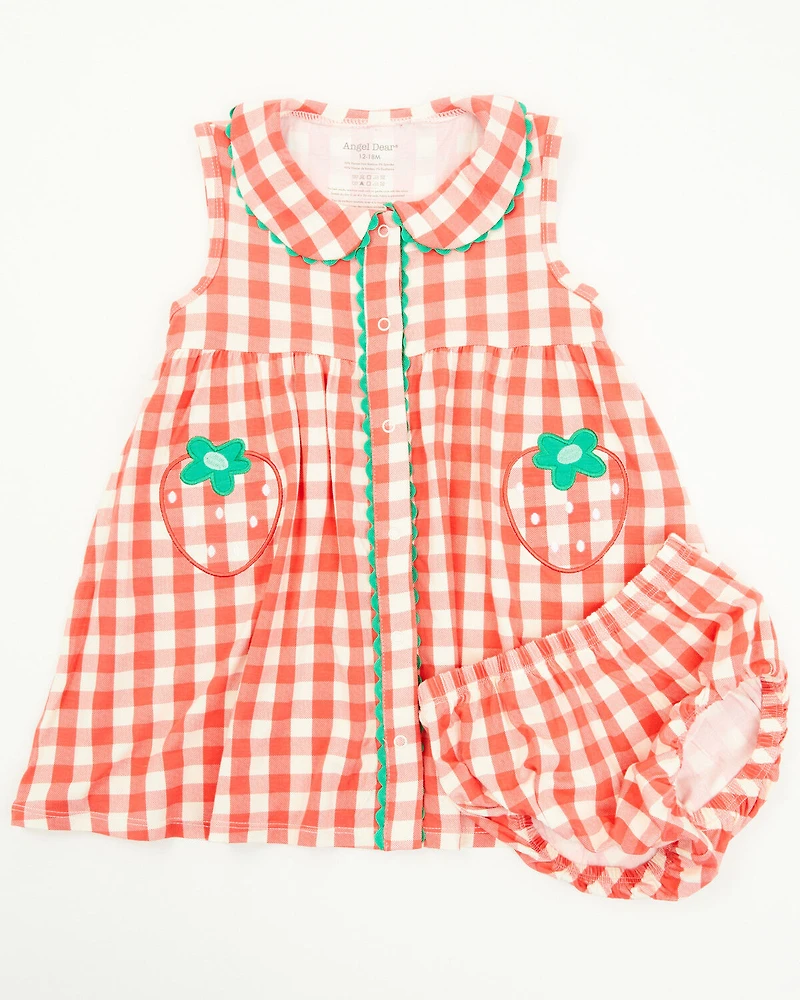 Angel Dear infant Girls' Strawberry Gingham Sleeveless Snap Dress And Diaper Set - 2 Piece